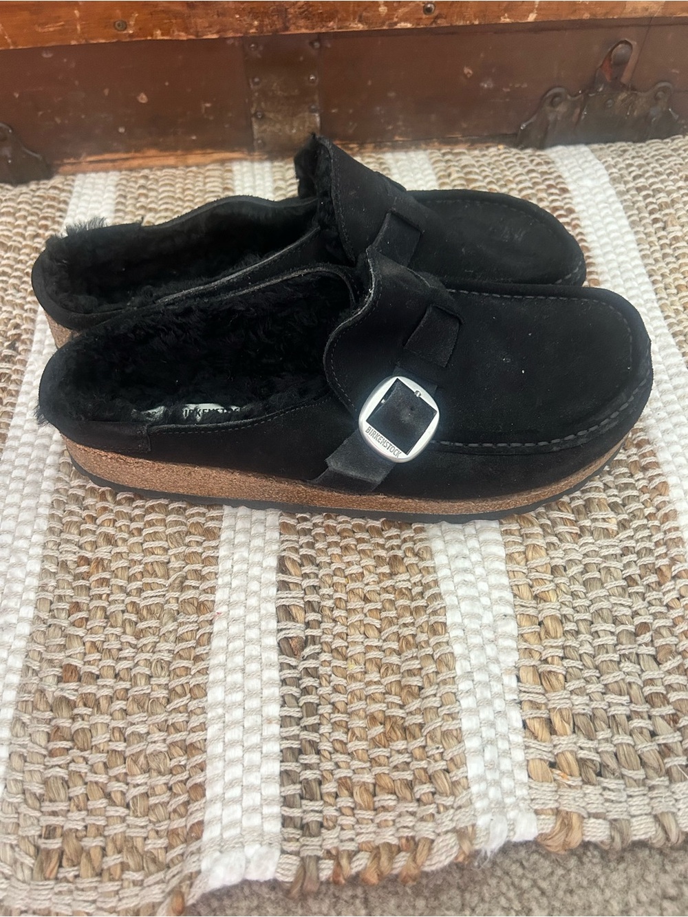 Birkenstocks Black Suede Shearling-Lined Slip-On Loafer with Buckle